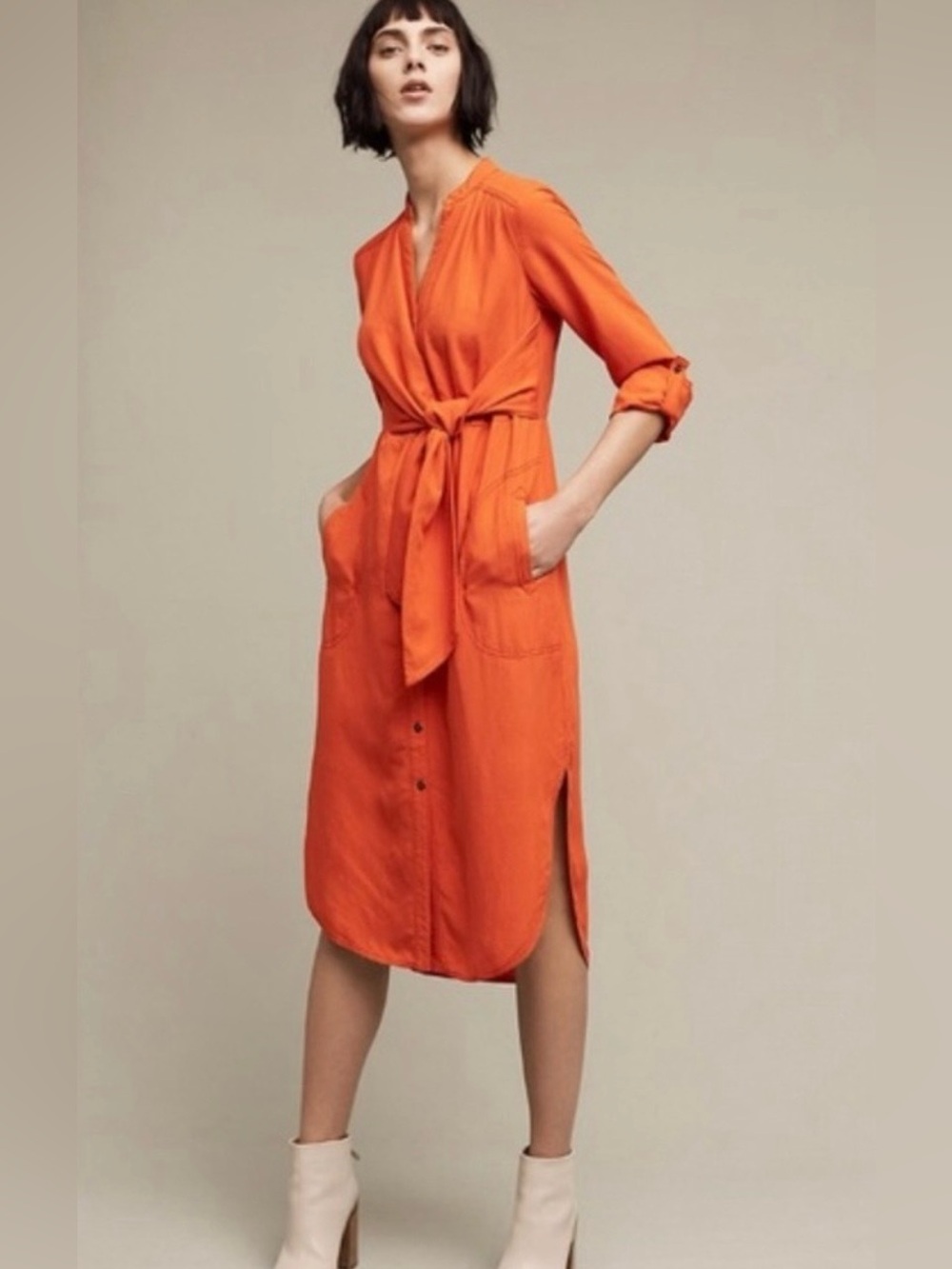 Anthropologie Maeve Orange Tie-Waist Midi Shirt Dress